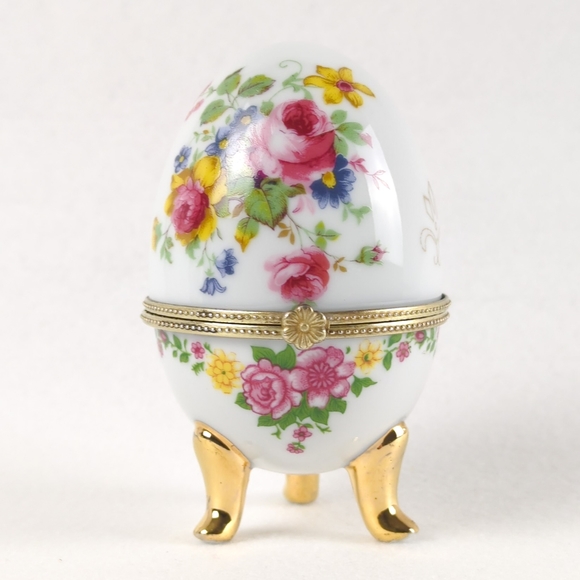 Other - Vintage Porcelain Egg Trinket Box Hinged Tri-Pedestal Floral 2.25" x 3.75"